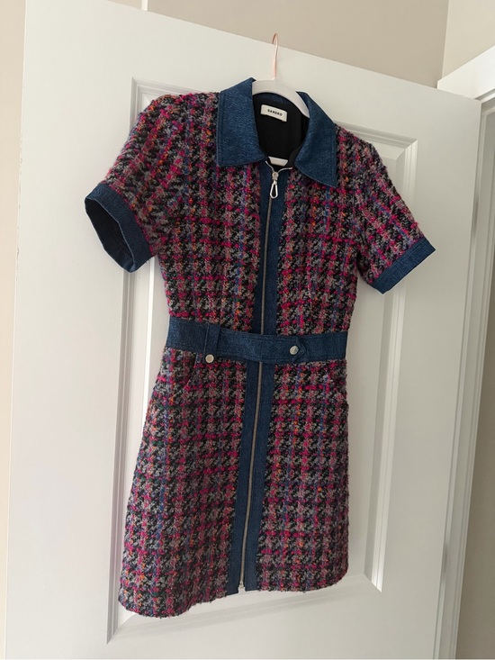 Sandro Dresses & Skirts - Sandro Pink & Blue Tweed Short-Sleeve Dress with Denim Trim